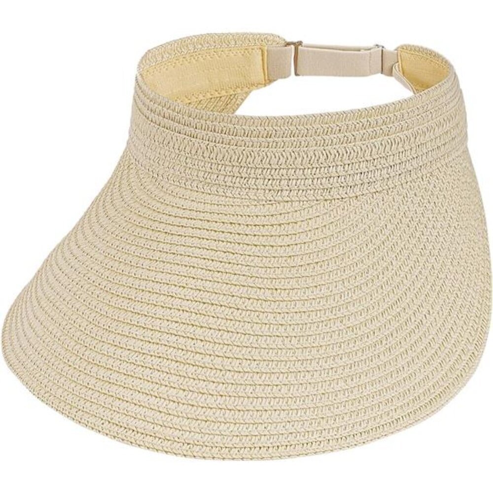 Beige Wide Brim Sun Visor Hat – Roll-Up Straw Visor with Adjustable Fit Beach
